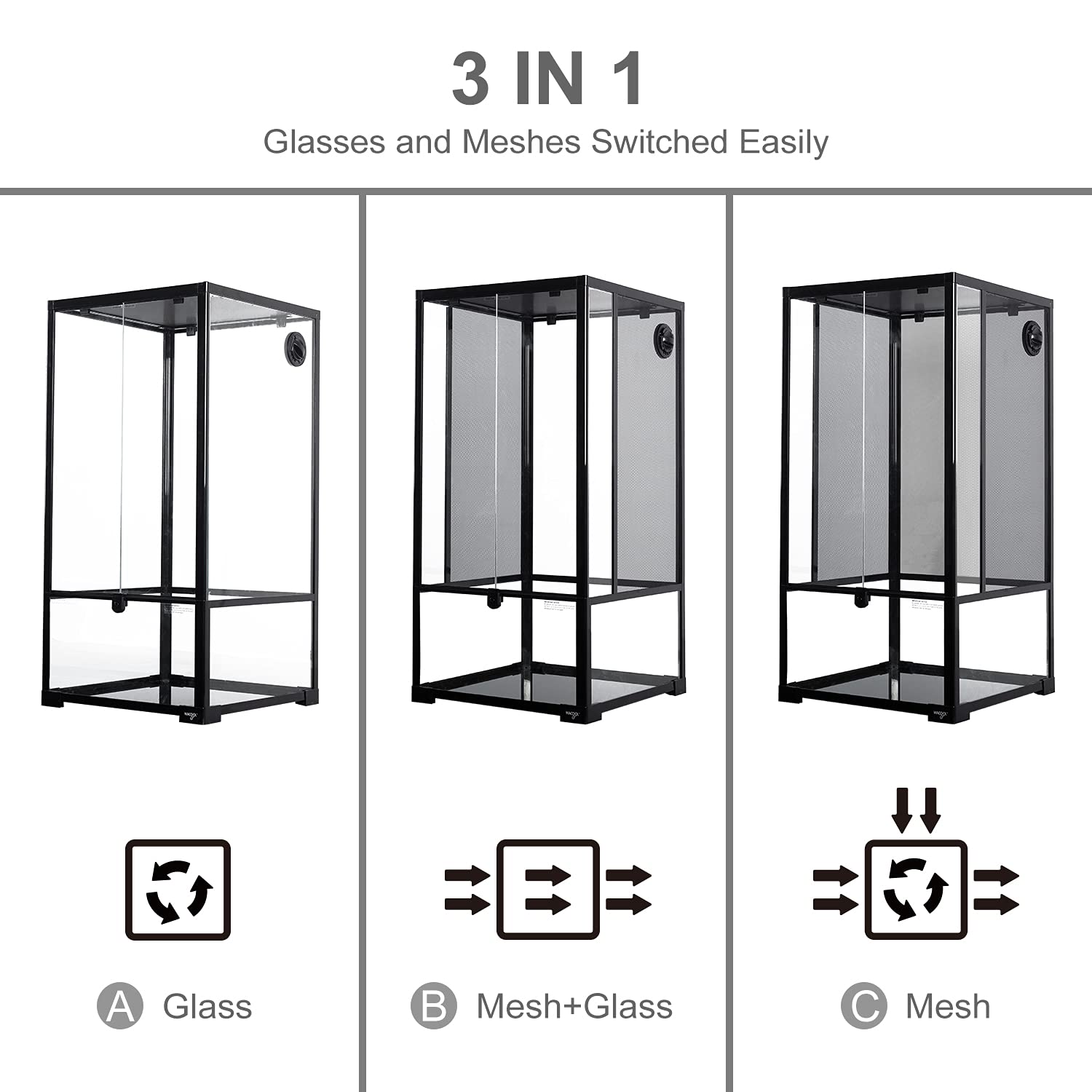 Wacool 50 Gallon Reptile Tank, Front Opening Chameleon Cage 18'' X 18''X 36'', 3-In-1 Side Design (Glass Or Mesh+Glass), Bio Dee
